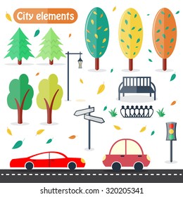 Set of town or city elements for autumn landscape design. Trees and spruces, autumn leaves and grass, benche and fence, traffic light and road sign, cars and road. Vector illustration, flat colors