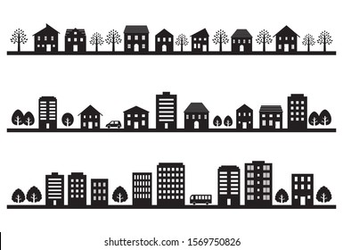 set of town and city silhouette