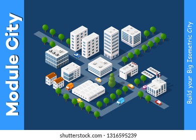 Set of town district of the city in isometric landscape urban infrastructure of houses, streets and buildings