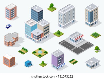 Set of town district of the city in isometric landscape urban infrastructure of houses, streets and buildings