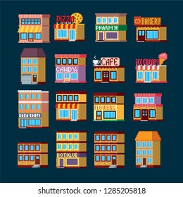 Set of town houses. Pixel art. Old school computer graphic. 8 bit video game. Game assets 8-bit sprite. 16-bit.