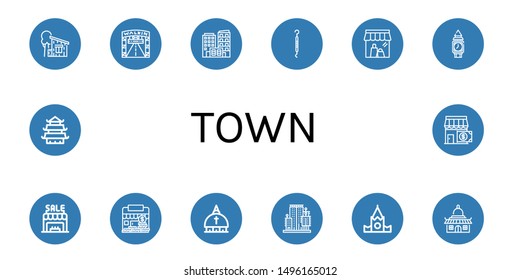 Set of town icons such as Cottage, Walking street, Building, Scraper, Shop, Clock tower, Vatican, City garden tower, Kremlin, Temple , town