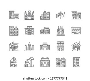 Set of Town outline icons isolated on white background. Editable Stroke. 64x64 Pixel Perfect.