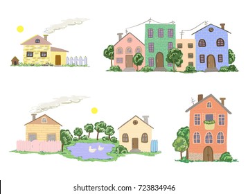 Set of town and village houses in vector
