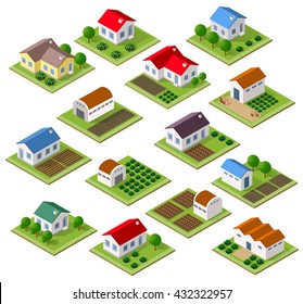 Set of townhouses and rural houses with trees in an isometric view and a garden