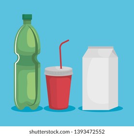 set of toxic plastic cup with bottle and milk box