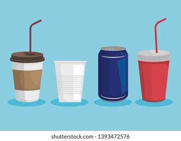 set of toxic plastic cups with can that ecology pollution