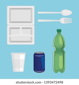 set of toxic plastic plate with bottles and cups waste