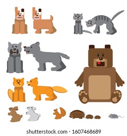 Set of toy animals. Dog, cat, wolf, fox, bear, hare, hare, squirrel, hedgehog family and mouse. Hand-drawn vector illustration in flat style.