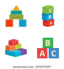 Set of toy blocks and alphabet cubes in various colors and configurations
