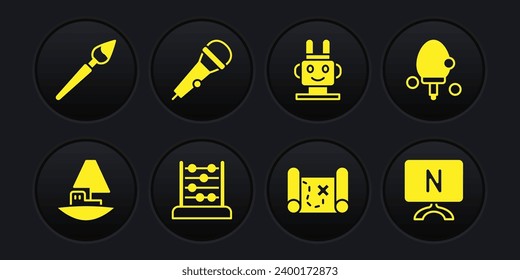 Set Toy boat, Racket, Abacus, Pirate treasure map, Robot toy, Microphone, Smart Tv and Paint brush icon. Vector