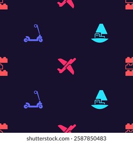 Set Toy boat, Roller scooter, plane and building block bricks on seamless pattern. Vector