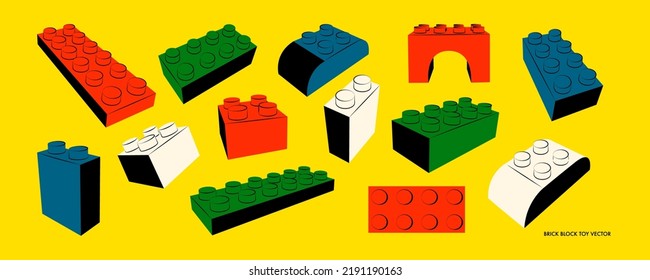 Set of toy brick block in different position. Geometric illustration of construction game elements. Sale banner, announcement for childrens store. Vector flat illustration icon.
