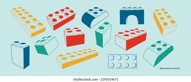 Conjunto de bloques de ladrillo de juguete en una posición diferente. Ilustración geométrica retro de un juego de construcción. Varios artículos a la venta, anuncios para tiendas para niños. Icono de ilustración plana vectorial.