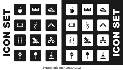 Ponga ladrillos de bloques de construcción de juguetes, un pacificador Baby dummy, una consola de videojuegos portátil, juguete Yoyo, Boomerang, Bus, Fidget spinner e icono de la cuerda de puente. Vector