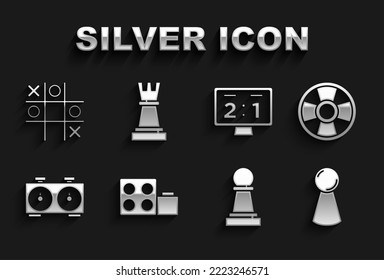 Set Toy building block bricks, Casino chip, Chip for board game, Chess, Time chess clock, Sport mechanical scoreboard, Tic tac toe and  icon. Vector