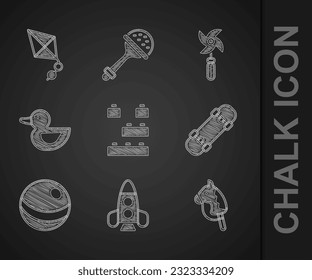 Set Toy building block bricks, Rocket ship toy, horse, Skateboard, Beach ball, Rubber duck, Pinwheel and Kite icon. Vector