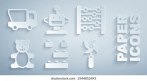 Conjunto de ladrillos de bloques de construcción de juguete, ábaco, peluche de oso de peluche, molinete, robot e icono de camión. Vector