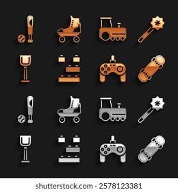 Set Toy building block bricks, Magic wand, Skateboard, Gamepad, Shovel toy, train, Baseball bat with ball and Roller skate icon. Vector