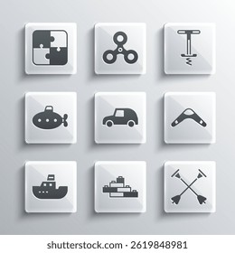 Set Toy building block bricks, Arrow with sucker tip, Boomerang, car, boat, Submarine toy, Puzzle pieces and Pogo stick jumping icon. Vector