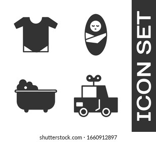 Set Toy car, Baby onesie, Baby bathtub and Newborn baby infant swaddled icon. Vector