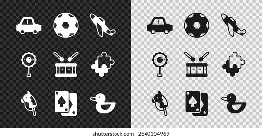Set Toy car, Soccer football ball, plane, horse, Playing cards, Rubber duck, Rattle baby toy and Drum with drum sticks icon. Vector
