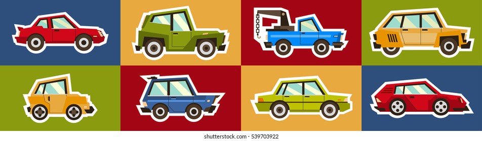 Set of toy cars isolated white outline on a colored background. Stickers machines. Vector illustration. Flat style 