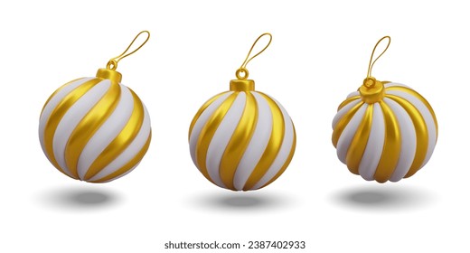 Set of toy for Christmas tree in different positions. Glass decoration for winter holiday. Collection of balls with gold elements. Vector illustration in 3d realistic style