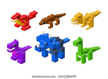 Set of toy dinosaurs in isometry. Vector