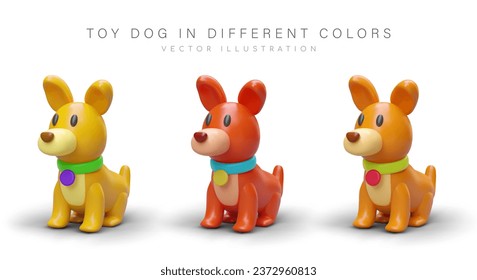 Set of toy dogs in cartoon style. Vector illustrations of different colors. Little pet. Funny baby item. Cute icons for children website, application. Image with shadow