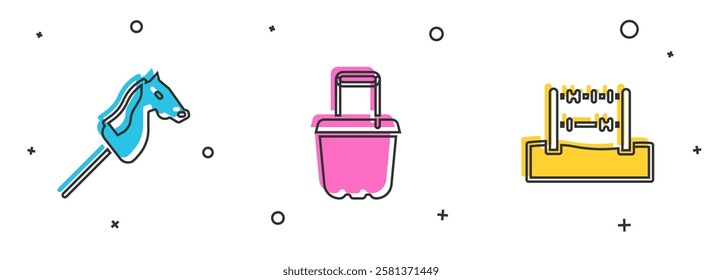 Set Toy horse, Sand in bucket and Abacus icon. Vector