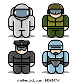 Set of toy icons. Astronaut, Robot, Soldier, Policeman. Vector illustration.