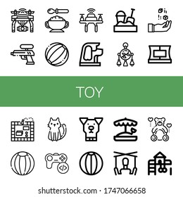 Juego de iconos de juguete. Tales como Drone, pistola de agua, comida para bebé, bola de playa, perro, caja de arena, juguete móvil, dados, collar, juego de mesa, gato, juego, marioneta, peluche, peluche, cancha de juego, iconos de juguete