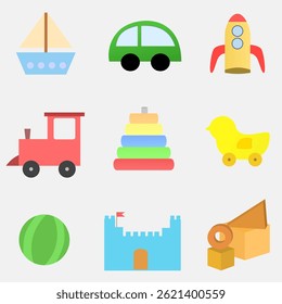 Set of toy illustrations for children. Children's toys. Toy vehicles like car, rocket, ship and train. Building blocks and ball