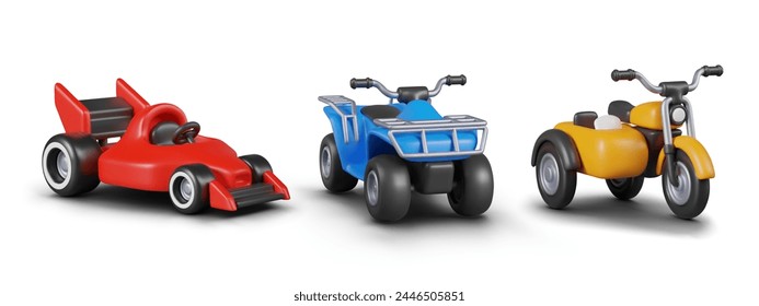 Conjunto de vehículos de carreras terrestres de juguete en estilo 3D. Coche rojo, quad, triciclo con sidecar