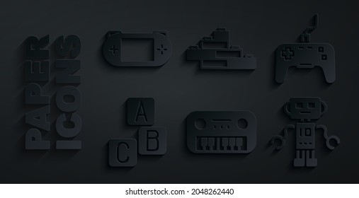 Set Toy piano, Gamepad, ABC blocks, Robot toy, building bricks and Portable video game console icon. Vector