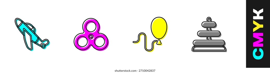 Set Spielzeug Flugzeug, Fidget Spinner, Ballons und Pyramid Spielzeug Symbol. Vektorgrafik