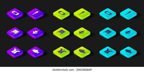 Ponga a mano la muñeca de marionetas de juguete, juguete submarino, tablero de álbumes, Whirligig, Espada y icono de consola de videojuegos portátil. Vector