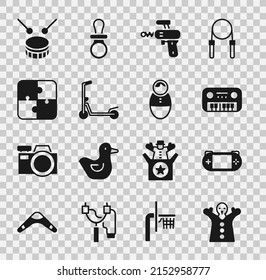 Set Toy puppet doll on hand, Portable video game console, piano, Ray gun, Scooter, Puzzle pieces toy, Drum with drum sticks and Tumbler icon. Vector