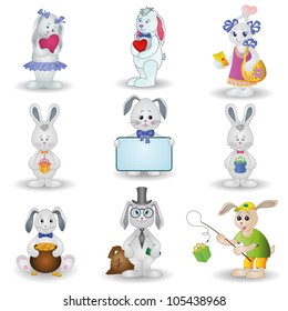 Set toy rabbits with holiday greeting objects. Vector illustration