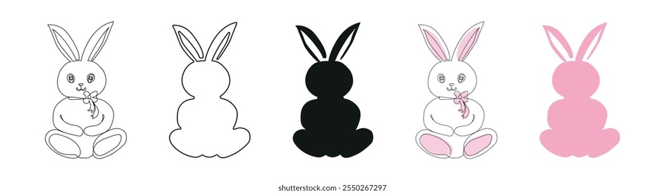 Conjunto de conejos de juguete aislados sobre fondo blanco. Incluye silueta negra, contorno, dibujo continuo de una línea y versiones rosadas. Concepto de conejo de Pascua, linda liebre, mascota, animal de juguete, elemento de diseño.