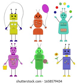 Set of toy robots in cartoon flat style. Isolated hand drawn vector robots. Children's background. Girls and boys
