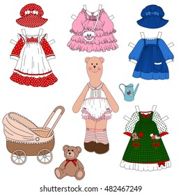 Set toy teddy bear with clothes.