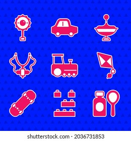 Set Toy train, building block bricks, Soap bubbles bottle, Kite, Skateboard, Slingshot, Whirligig toy and Rattle baby icon. Vector
