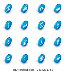 Set Tren de juguete, tienda de circo, sombrero de bufón con campanas, varita mágica, agua de vidrio de papel, coche parachoques, carrusel de la atracción e icono de carrito de comida rápida de la calle. Vector