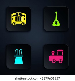 Set Toy train, Circus wagon, Magician hat and rabbit ears and Balalaika. Black square button. Vector