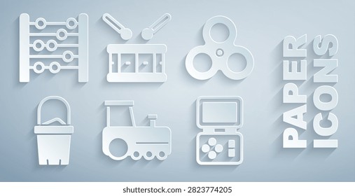 Set Toy train, Fidget spinner, Sand bucket, Tetris electronic game, Drum with drum sticks and Abacus icon. Vector