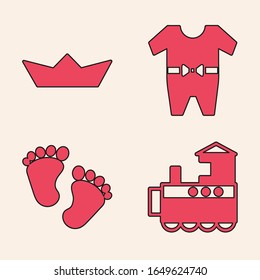 Set Toy train, Folded paper boat, Baby clothes and Baby footprints icon. Vector