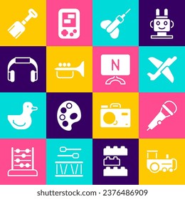 Set Toy train, Microphone, plane, Dart arrow, Trumpet, Headphones, Shovel toy and Smart Tv icon. Vector