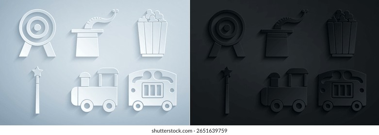 Definir trem de brinquedo, caixa de pipoca, varinha mágica, vagão de circo, chapéu mágico e ícone do alvo. Vetor